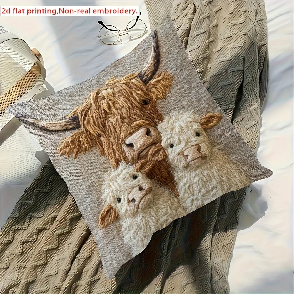 Retro Highland Cow Pillowcase | Decorative Home Design Cover
