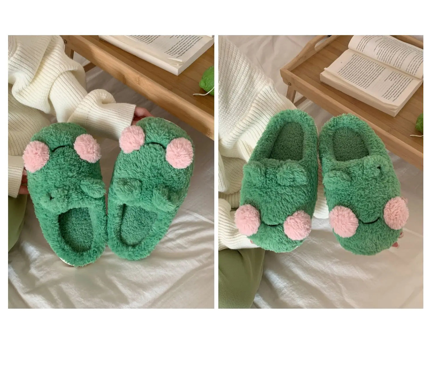 Women's Cute Green Frog Plush Slippers | Cozy Faux Fur House Shoes
