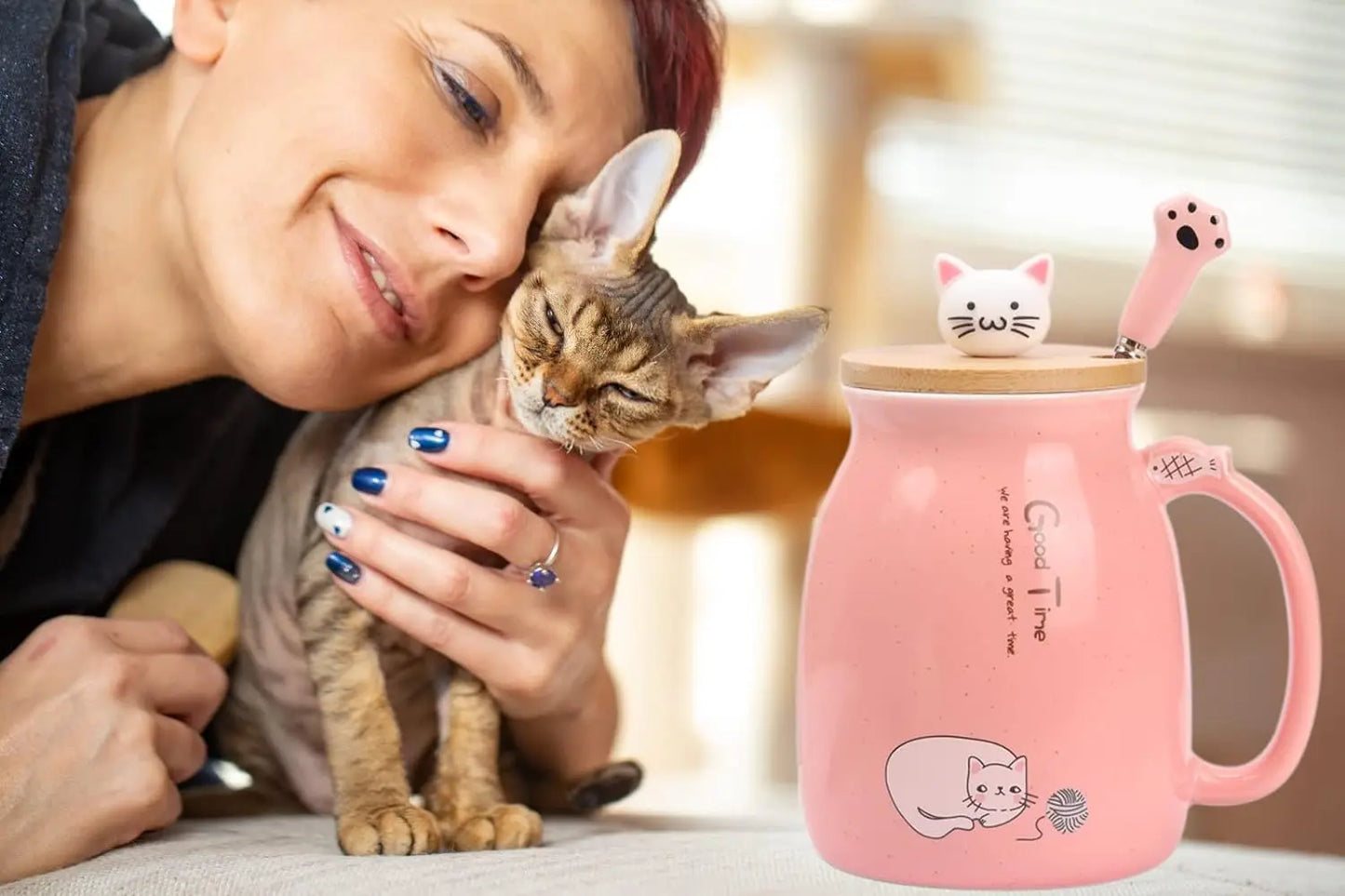Cute Cat Ceramic Mug with Kitty Lid & Spoon | Perfect Gift for Cat Lovers