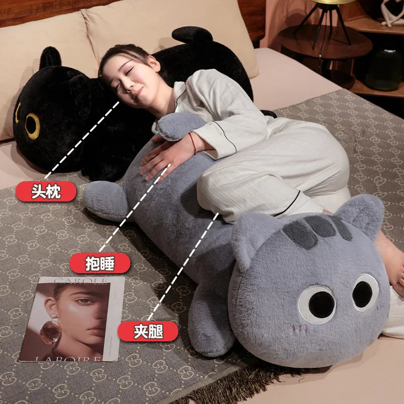 Big Long Lying Black Cat Plushie | Cozy Cushion Pillow