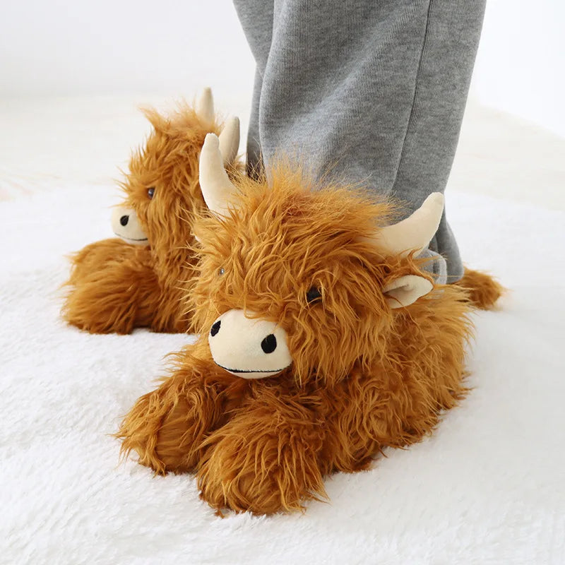 Winter Highland Cow Plush Slippers | Cute Fluffy Animal Slides