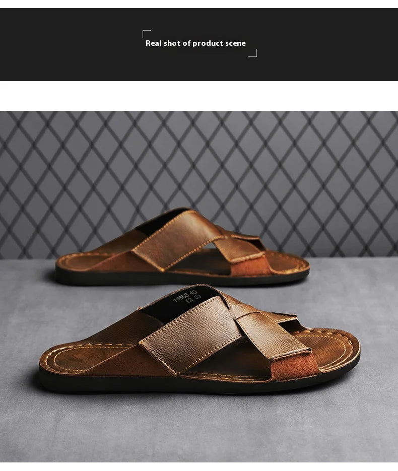 Plus Size Men Leather Slippers Homes In Indoor Slippers Summer Open Toe Sandals Comfy Antiskid Soft Bottom Casual Walking Shoes