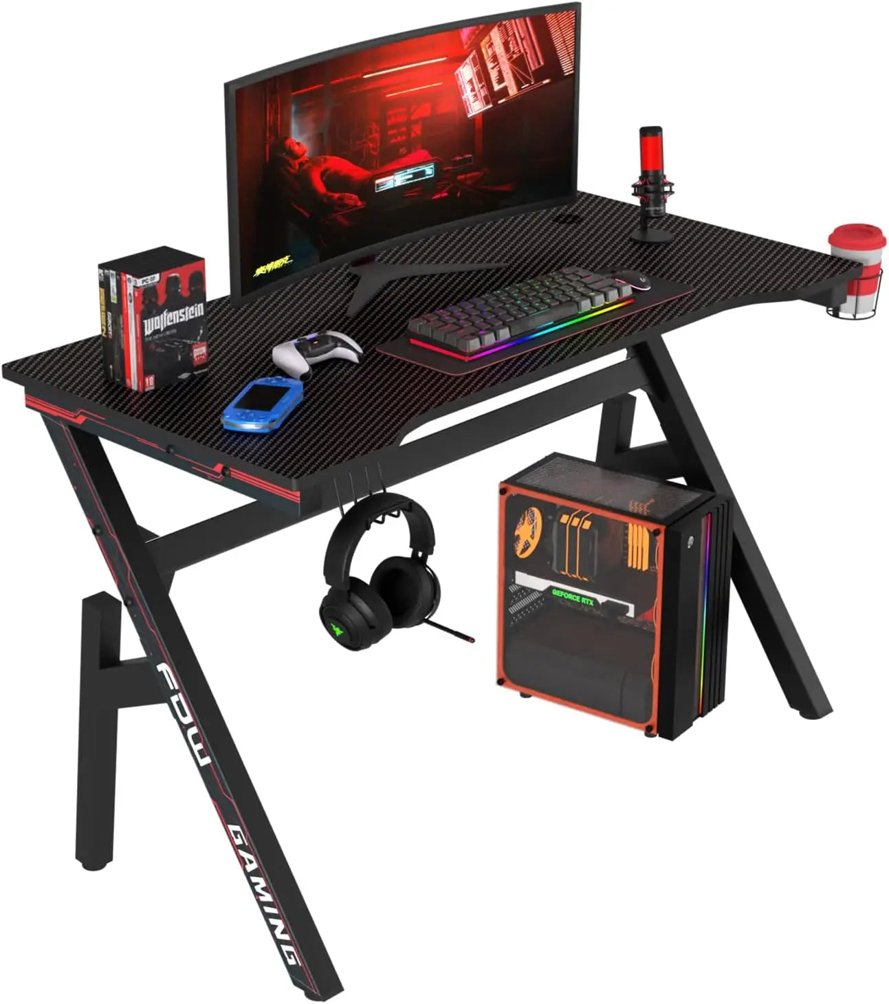 47-Inch Gaming Desk with Cup Holder & Adjustable Legs