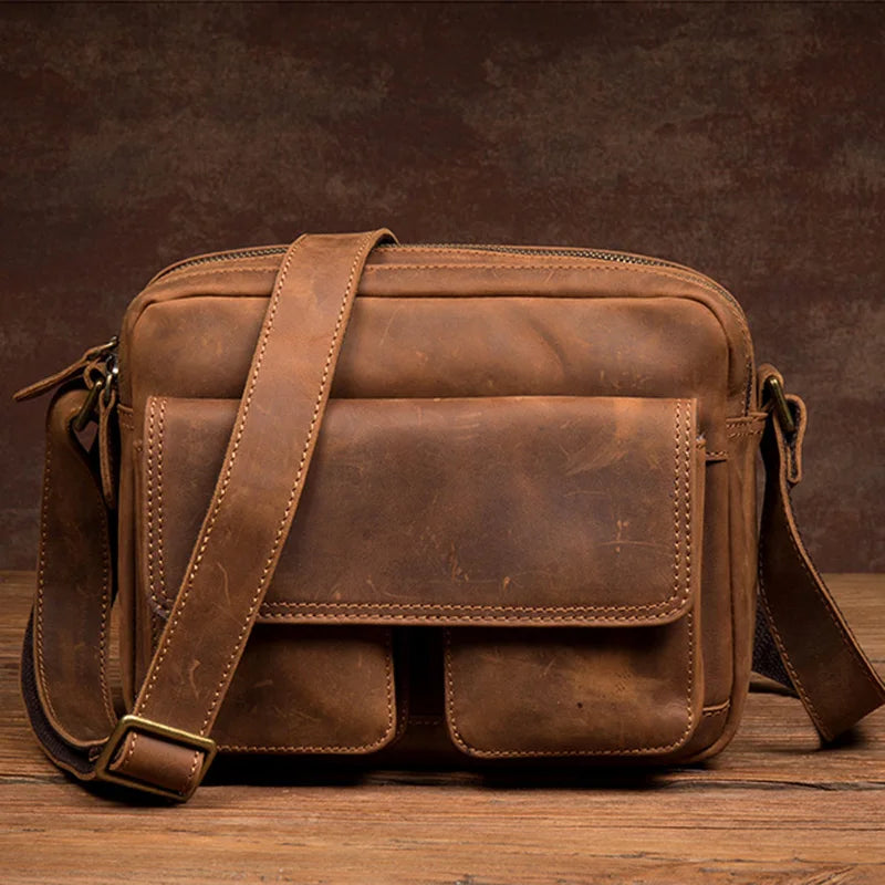 Handmade Crazy Horse Leather Crossbody Small Backpack for Men