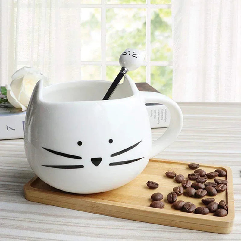 Cute Cartoon Cat Ceramic Coffee Mug with Spoon | Perfect Gift