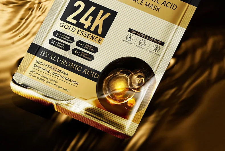 10pcs 24K Golden Hyaluronic Acid Face Masks for Glowing Skin