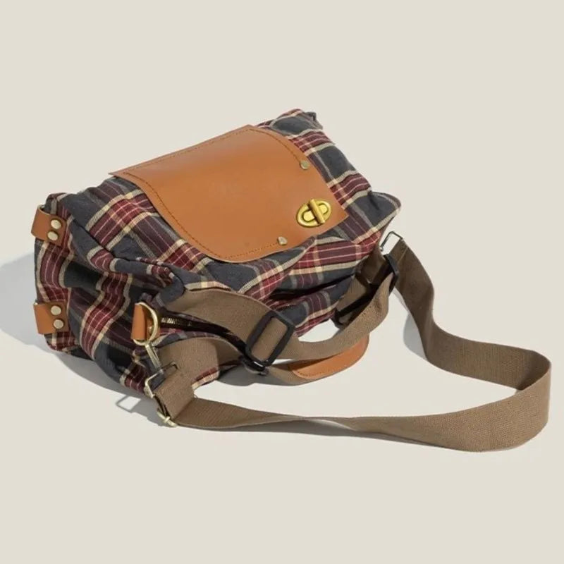 Large Capacity Burgundy Plaid Handbag | Convertible Shoulder Backpack
