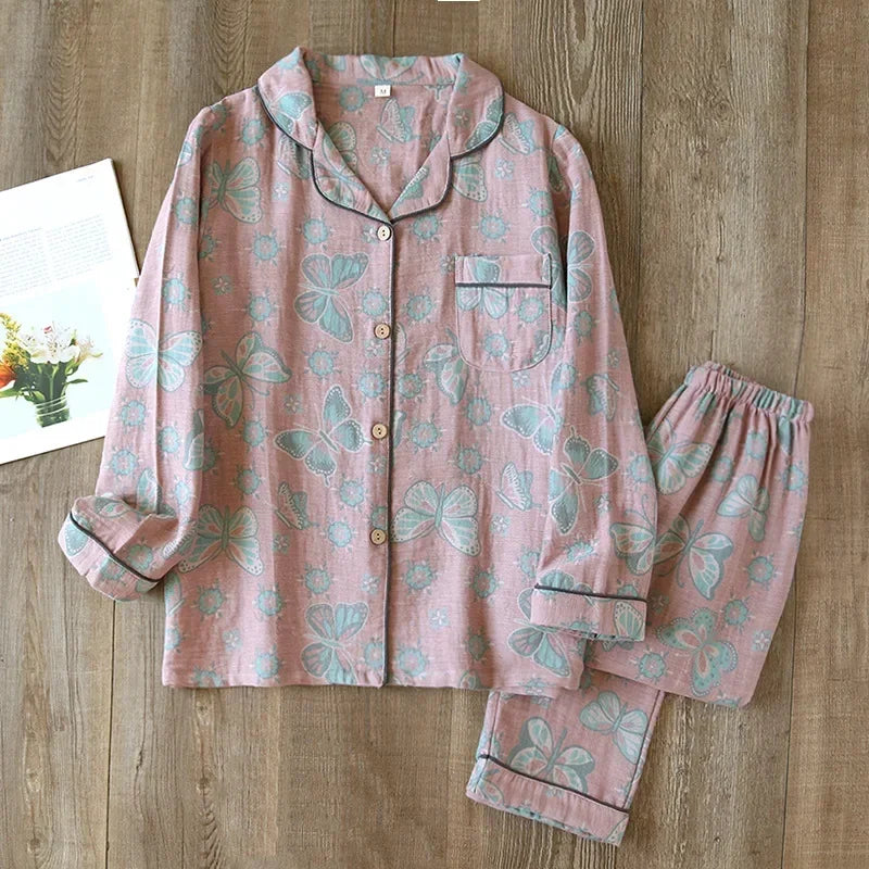 2026 Japanese Spring and Autumn New Women's Pajama Set 100% Cotton Vintage Long sleeved Pants Two Piece Set for Home Furnishings