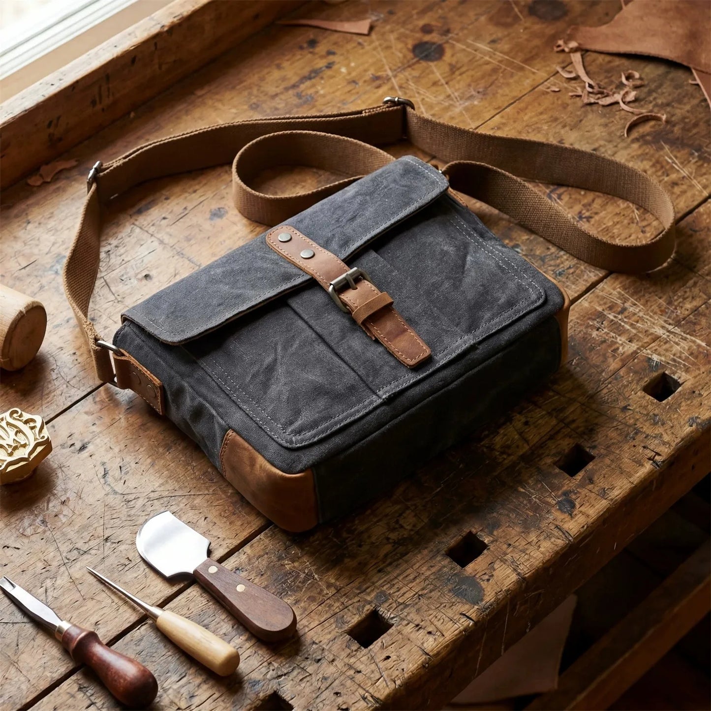 Vintage Waxed Canvas Crossbody Bag | Water-Resistant Casual Satchel