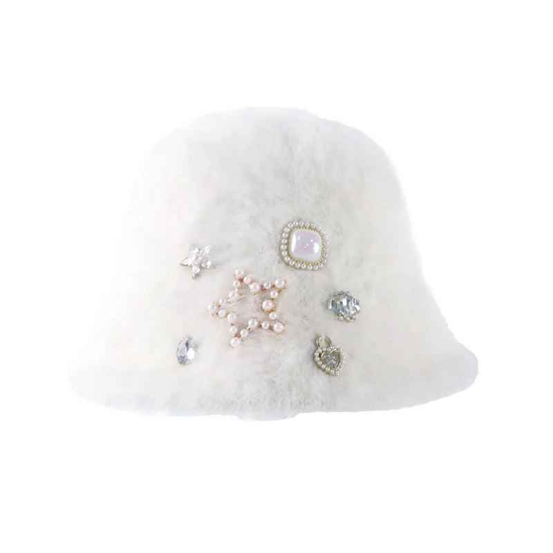 Oversized Rhinestone Rabbit Fur Bucket Hat | Stylish Warm Winter Cap