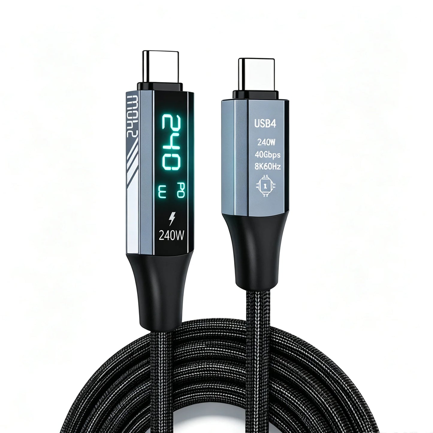 USB4 Cable with Real-Time LED Power Display 240W PD3.1 Fast Charging 40Gbps Data Transfer 8K@60Hz Video USB C to C Braided Cord