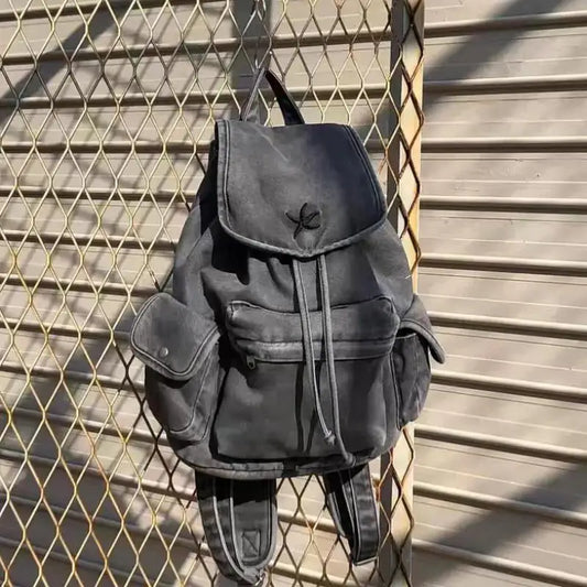 Mochila de lona vaquera vintage con cordón | Gran capacidad de viaje