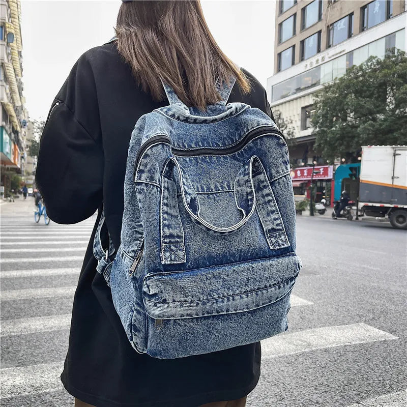 Casual Denim Backpack | Large Capacity Laptop Bag for School & Travel