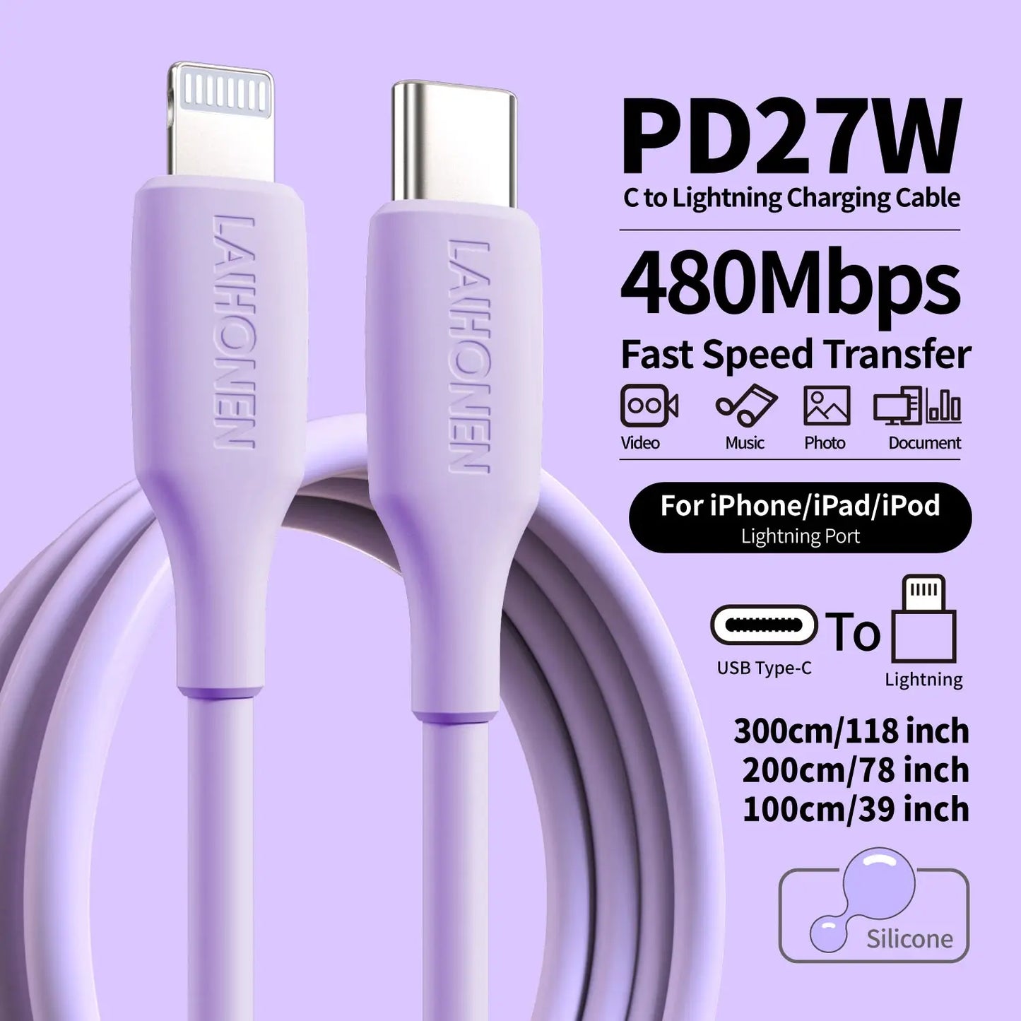 27W Fast Charging USB-C to Lightning Cable | Soft Silicone Pink Accessory