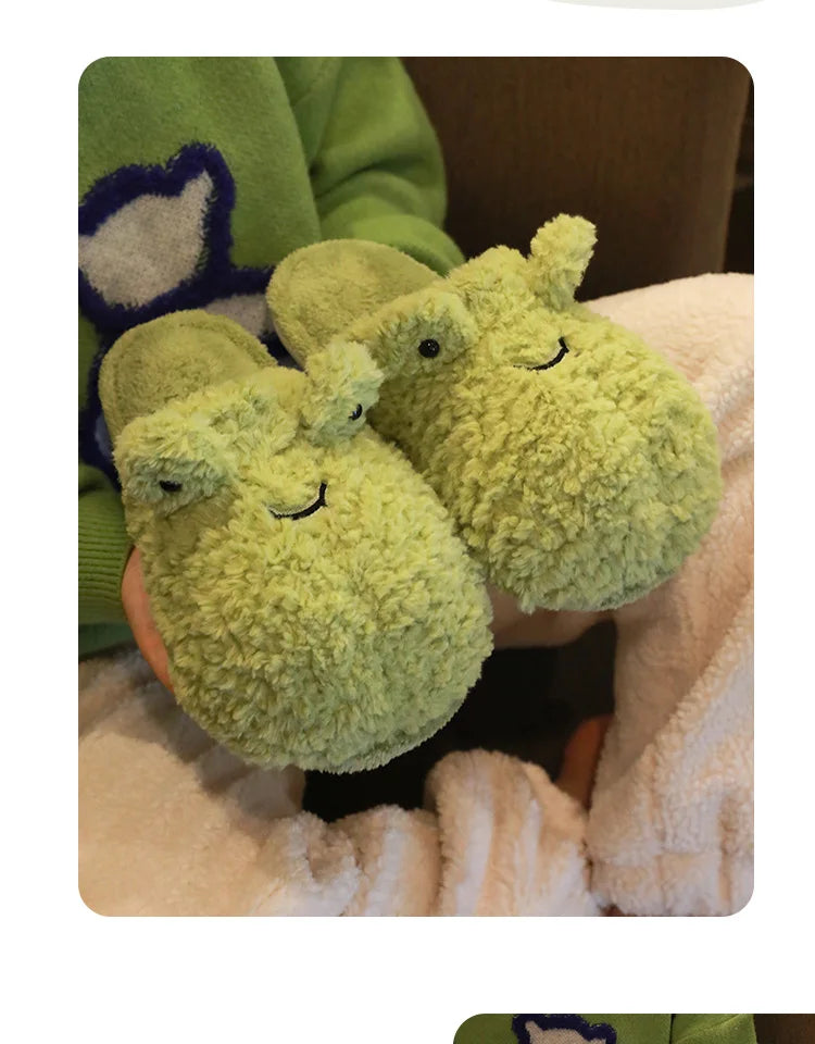 Lindas pantuflas de felpa de rana | Zapatillas de casa cálidas de dibujos animados