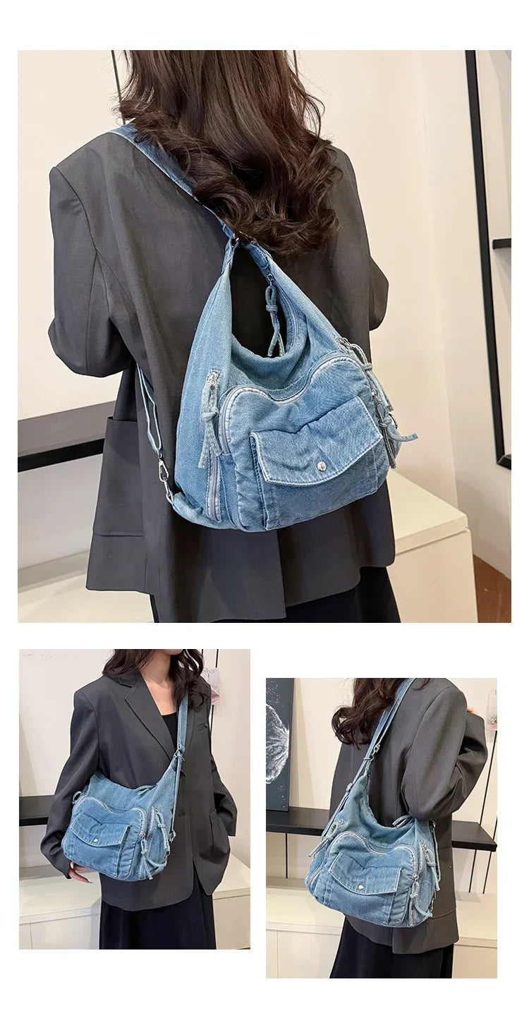 Trendy Solid Color Denim Shoulder Bag | Versatile Women's Crossbody