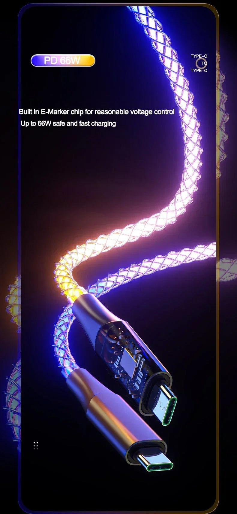 1m 6A Glowing USB Type C Charging Cable | Fast Charge Mobile Cord