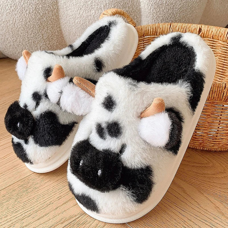 Women's Cute Cartoon Cow Plush Slippers | Warm Indoor House Shoes