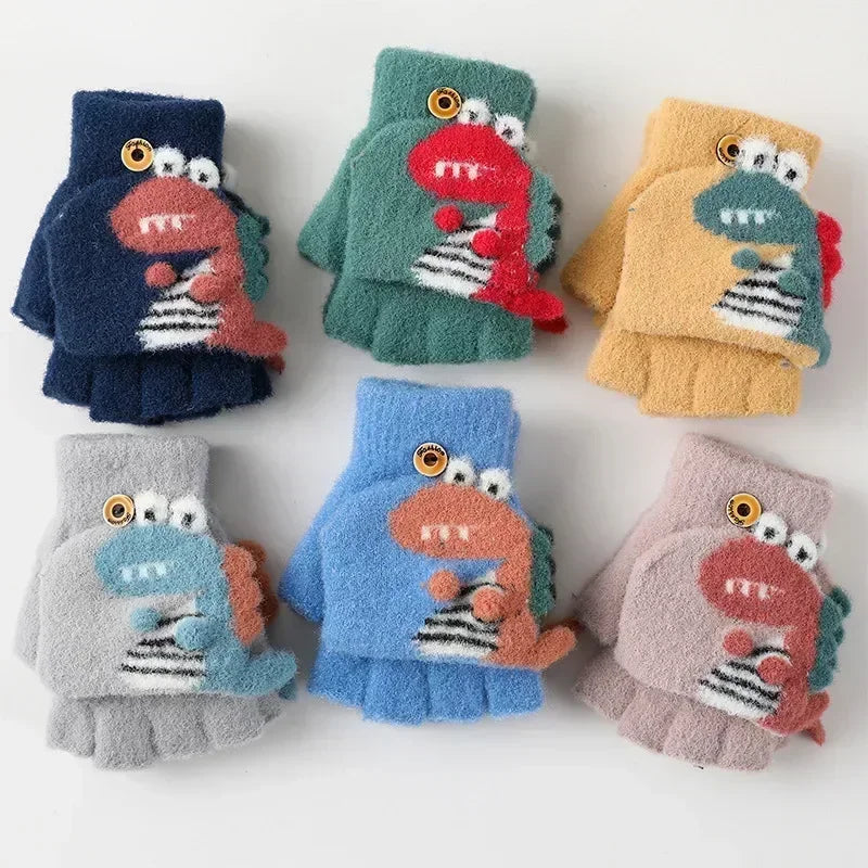 Kawaii Cartoon Dino Kids Half Finger Gloves | Winter Warmth for Fun