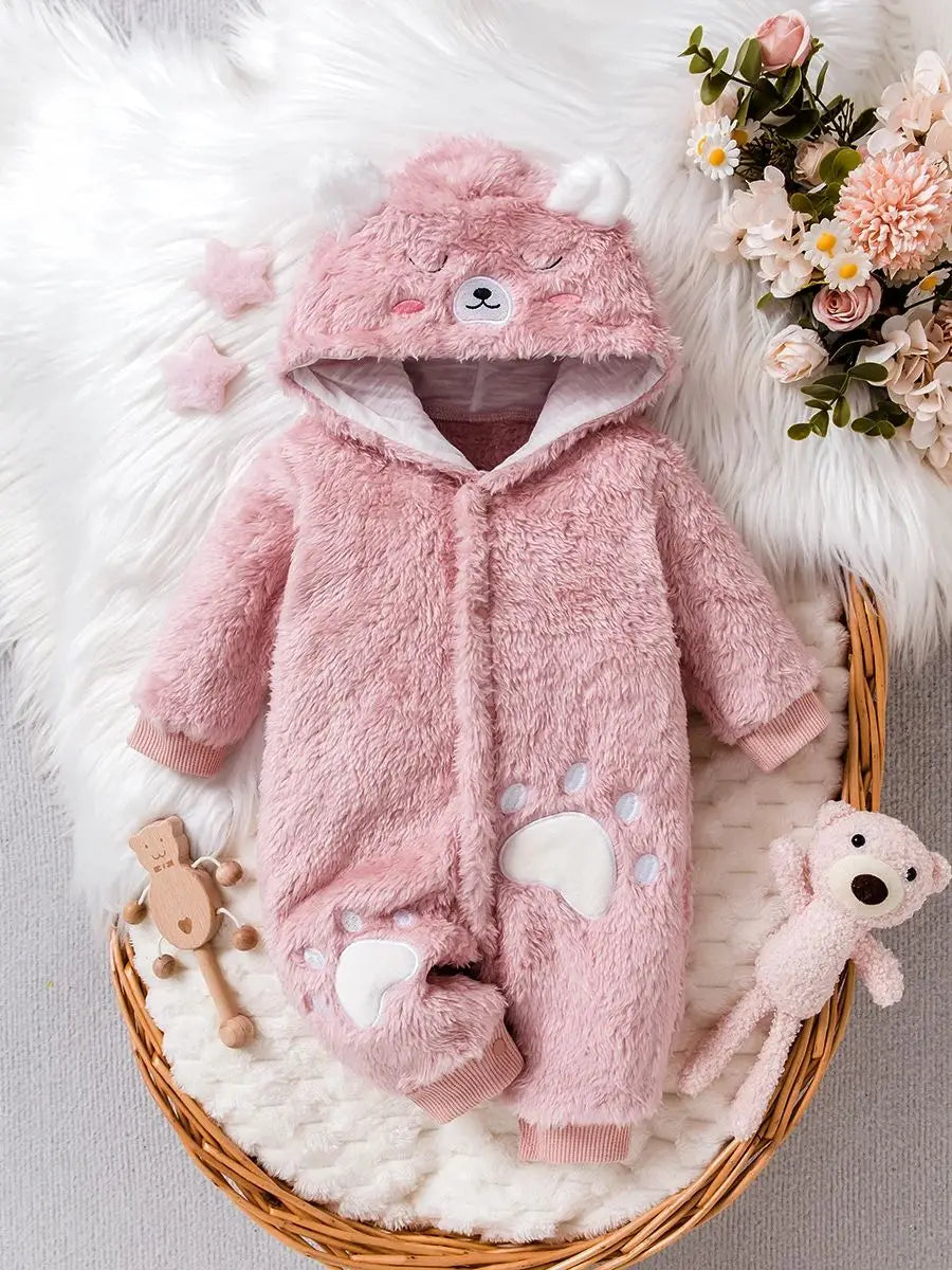 Cute Plush Hooded Jumpsuit for Baby Girls | Cozy Winter Romper