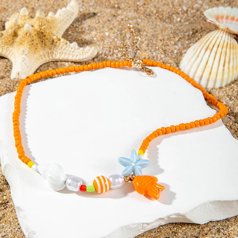Y2K Boho Acrylic Ceramic Fish Starfish Mushroom Pendant Colorful Bead Choker Necklace For Women Beach Ocean Jewelry Accessories