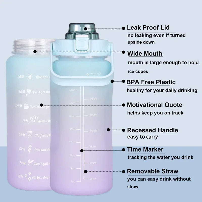 2 Liter Large Sports Water Bottle | Leak Proof & Portable
