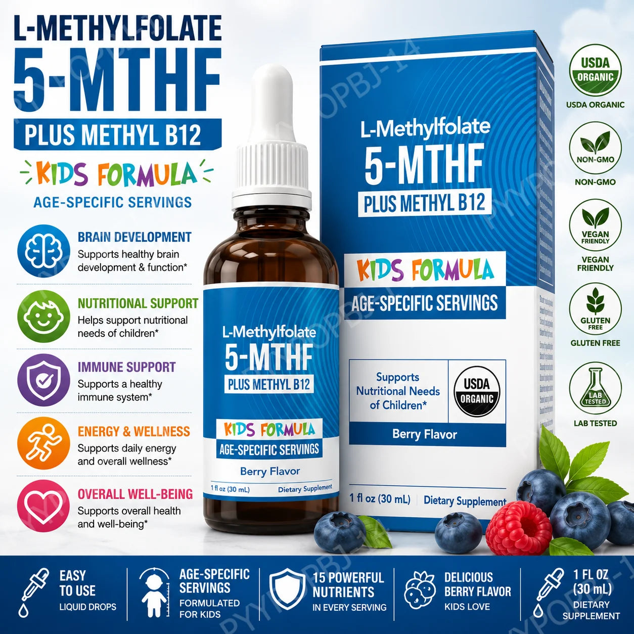 Kids L-Methylfolate Liquid Drops | Vegan Active Folate Support