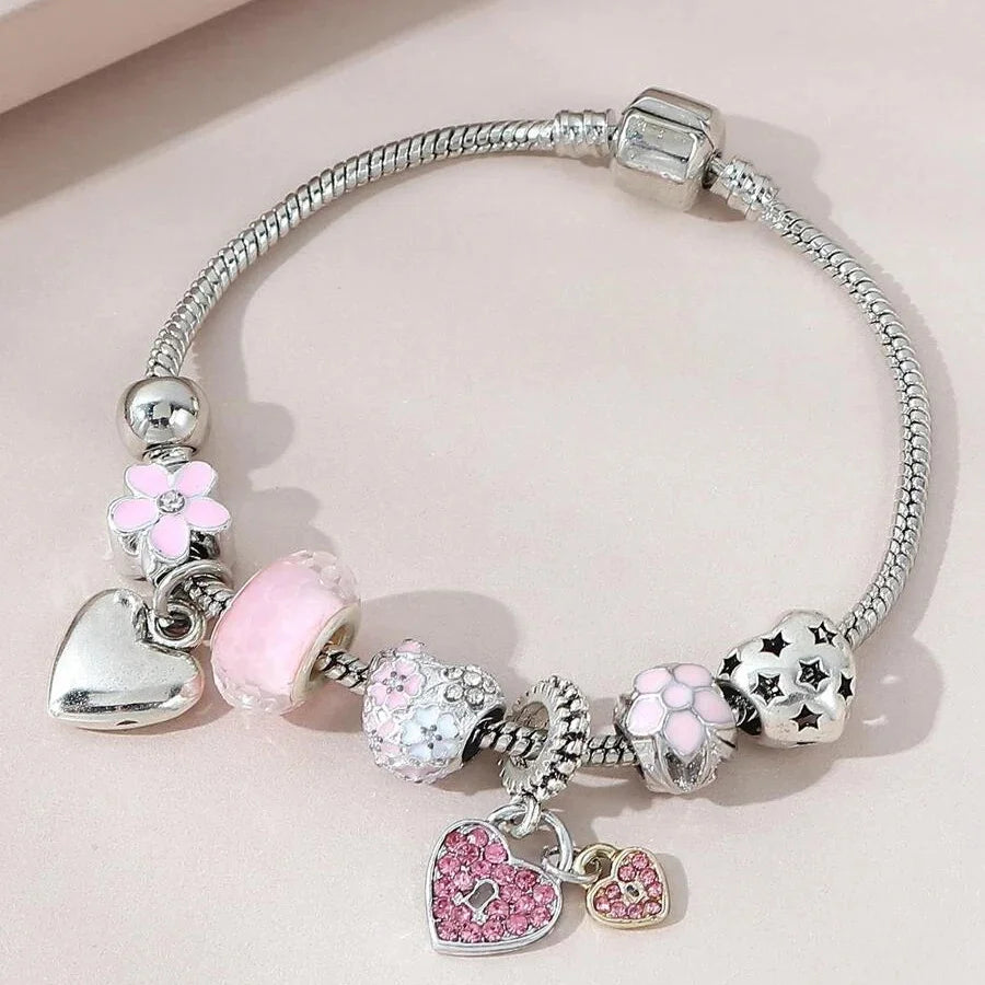 Beautiful Heart Flower Glass Pendant Charm Bracelet for Women