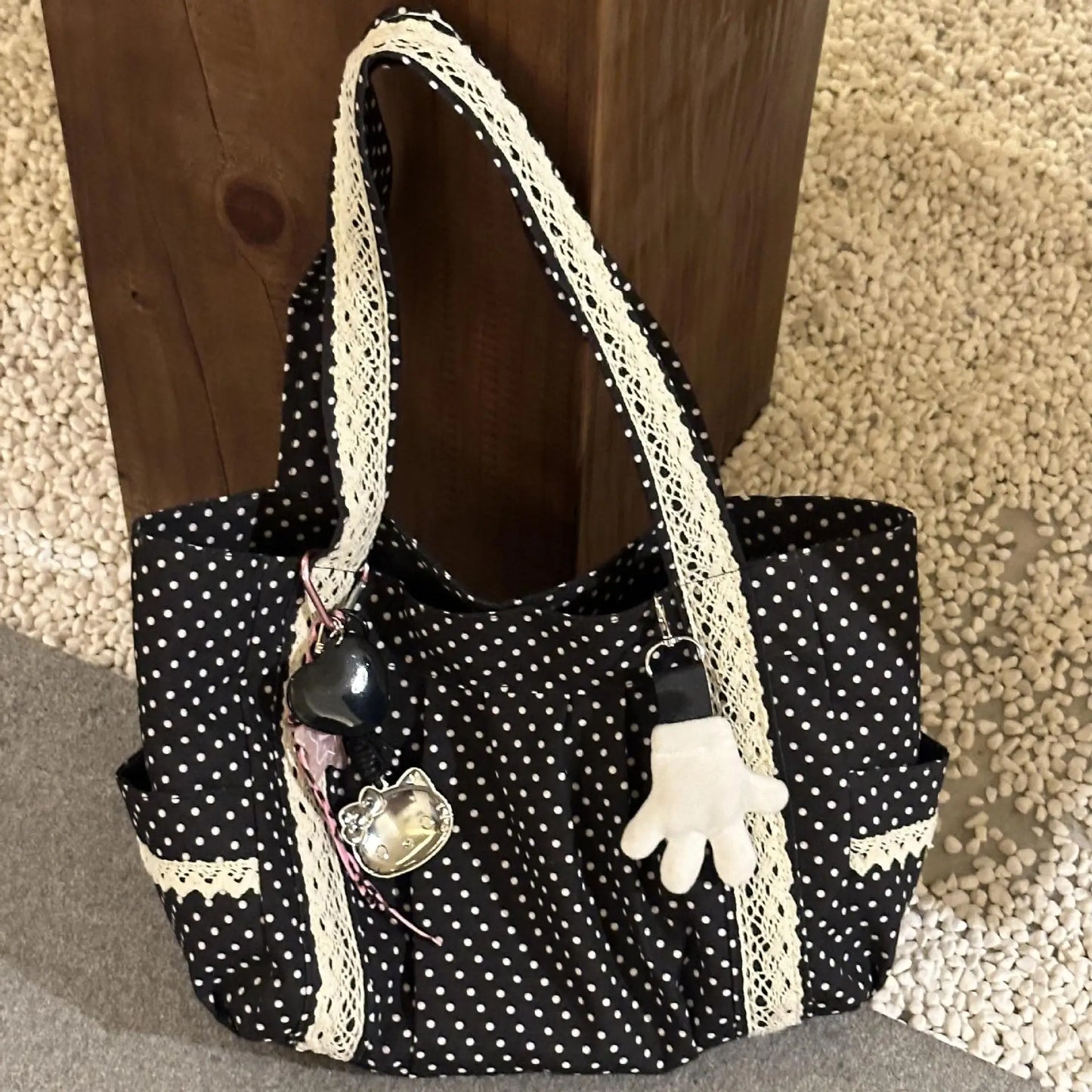 Bolso de mano de lona con lunares vintage | Espacioso y elegante