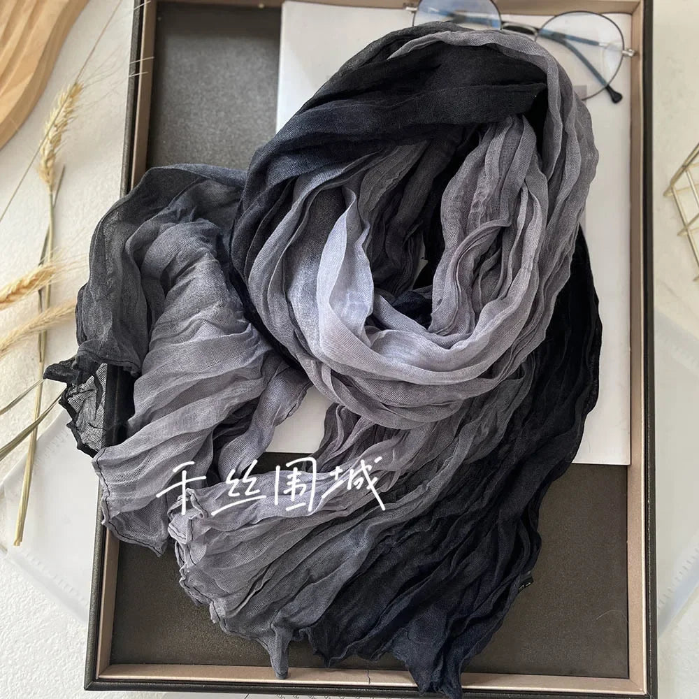Elegant Women's Long Cotton Hemp Gradient Scarf for Winter Fashion