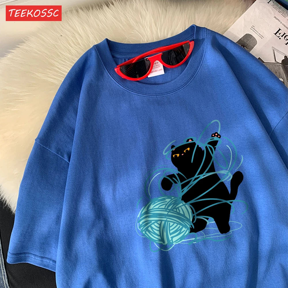 Cute Cartoon Cat Oversized Women's T-Shirt | Summer Casual Style