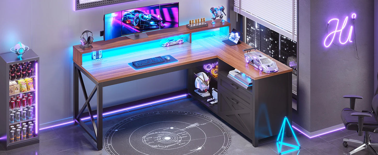 Versatile L Shaped Game Table with Drawers & LED Lights