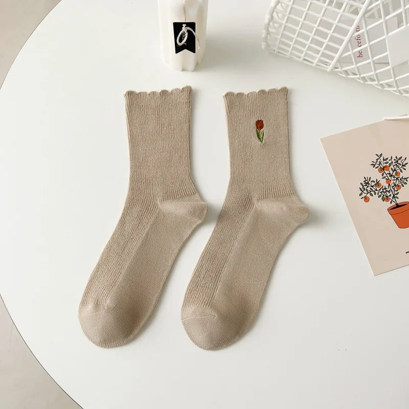 Women's Autumn Floral Embroidery Crew Socks | Cute Kawaii Style