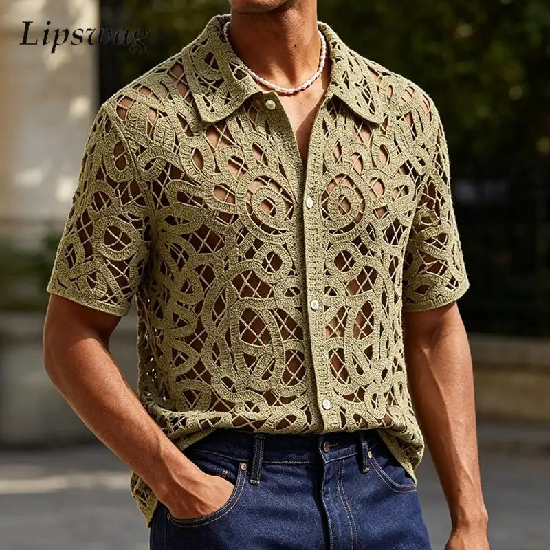 Men's Vintage Floral Embroidery Crochet Knit Shirt | Casual Summer Style