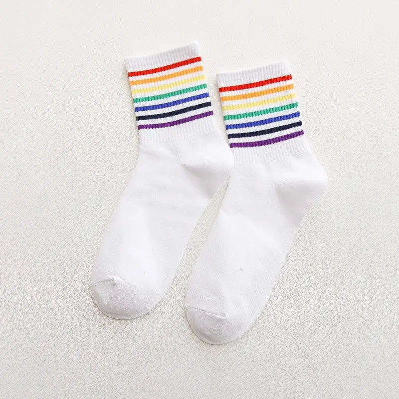 Trendy Women's Autumn Rainbow Striped Tube Socks | Stylish High Tops