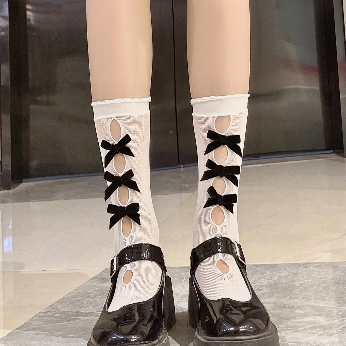 Kawaii Hollow Out Mesh Fishnet Socks | Cute Bow Long Stockings