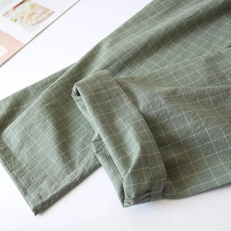 Spring Summer Japanese Pajama Sets Male 100% Cotton Spa Robe Sets Boxer High Quality Kimono Robes Men Plaid Home Hombre