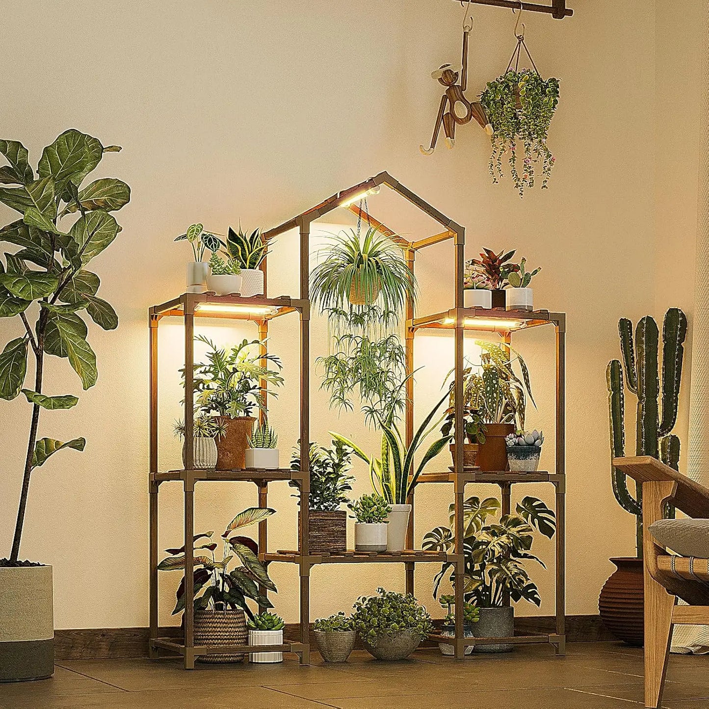 Estantería de madera para plantas con luces de cultivo para decoración interior y de patio