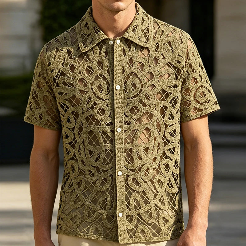 Men's Vintage Floral Embroidery Crochet Knit Shirt | Casual Summer Style