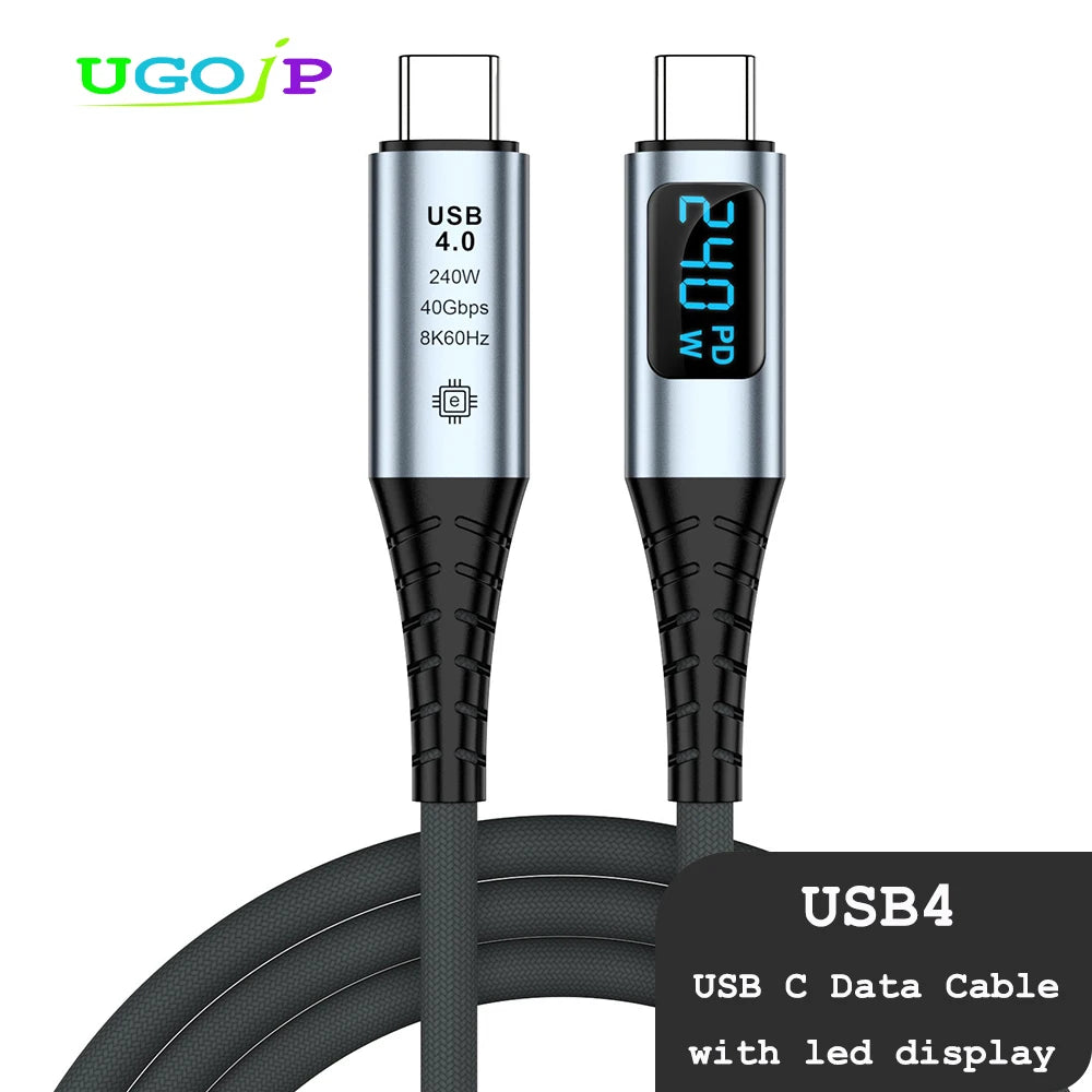 UGOjP USB4 Cable 240W PD Fast Charging with LED Display 40Gbps Data Transfer USB C to C Data Cable for Laptop Phone Tablet
