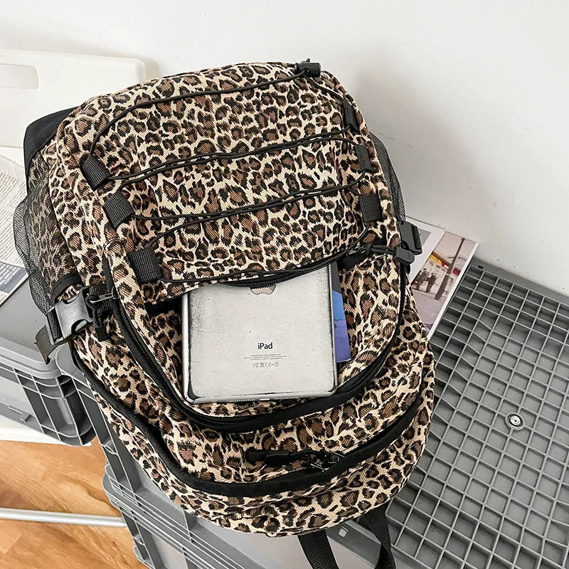 Vintage Leopard Print Backpack, Large Capacity School Bookbag with Side Mesh Pouch, for Students Travel Outdoor Streetwear
