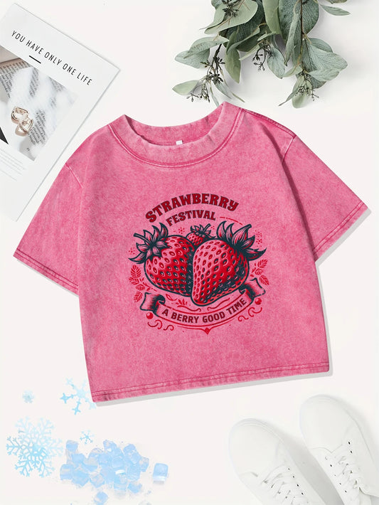 Women's Summer Cotton Crop Top | Casual Strawberry Print Tee