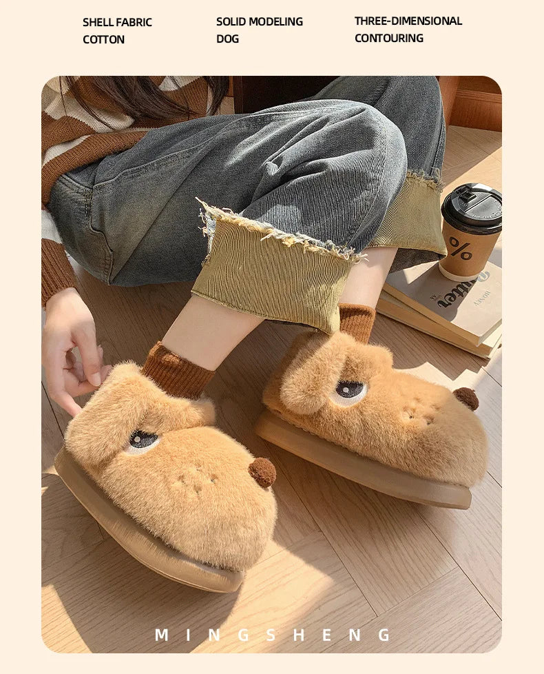 Women's Cute Cartoon Dog Plush Slippers | Fluffy Warm House Shoes