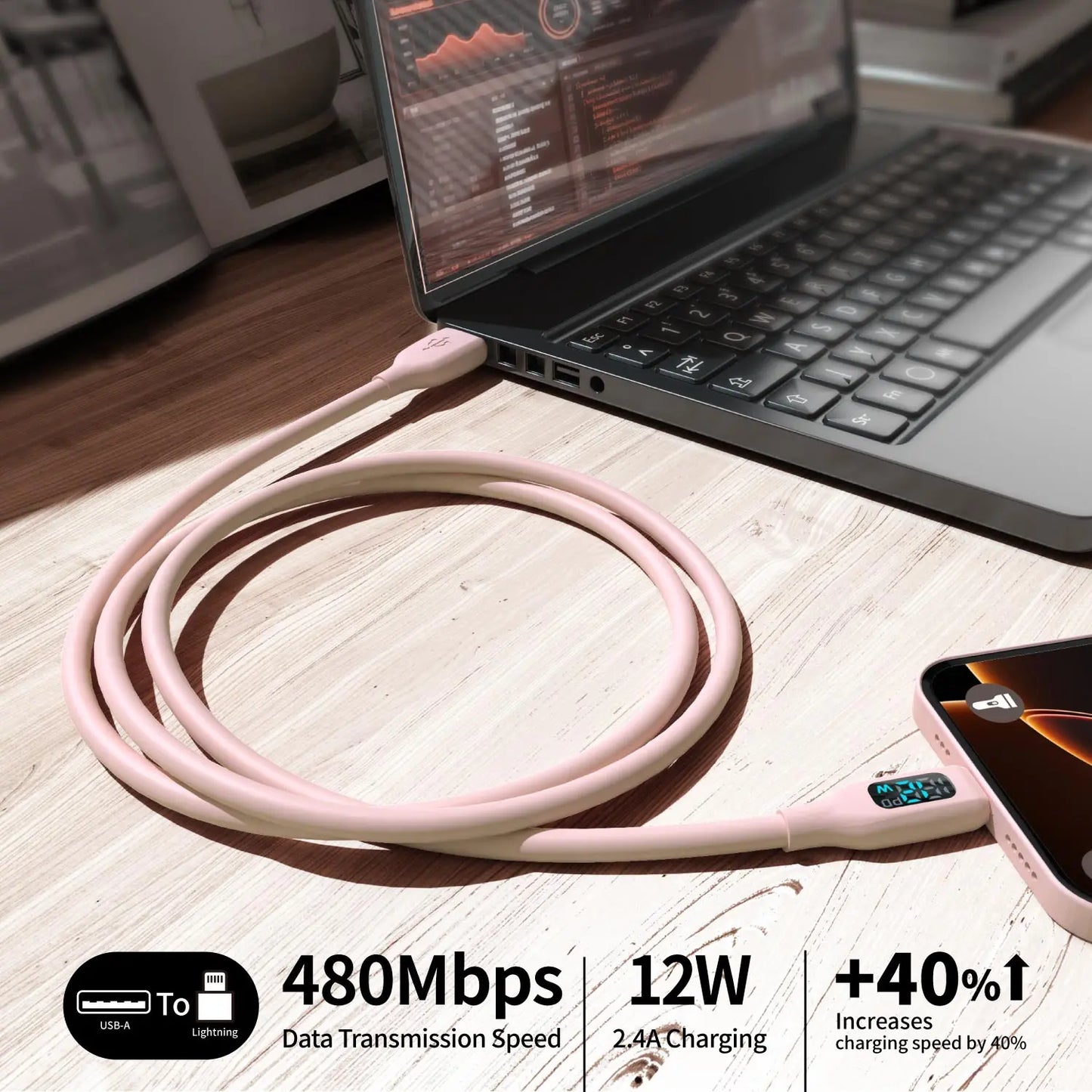 Soft Silicone USB A to Lightning Charging Cable | Macaron Pink