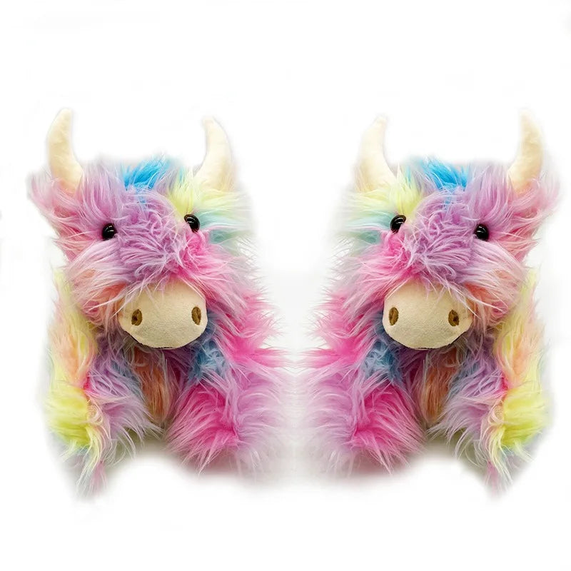 Winter Highland Cow Plush Slippers | Cute Fluffy Animal Slides