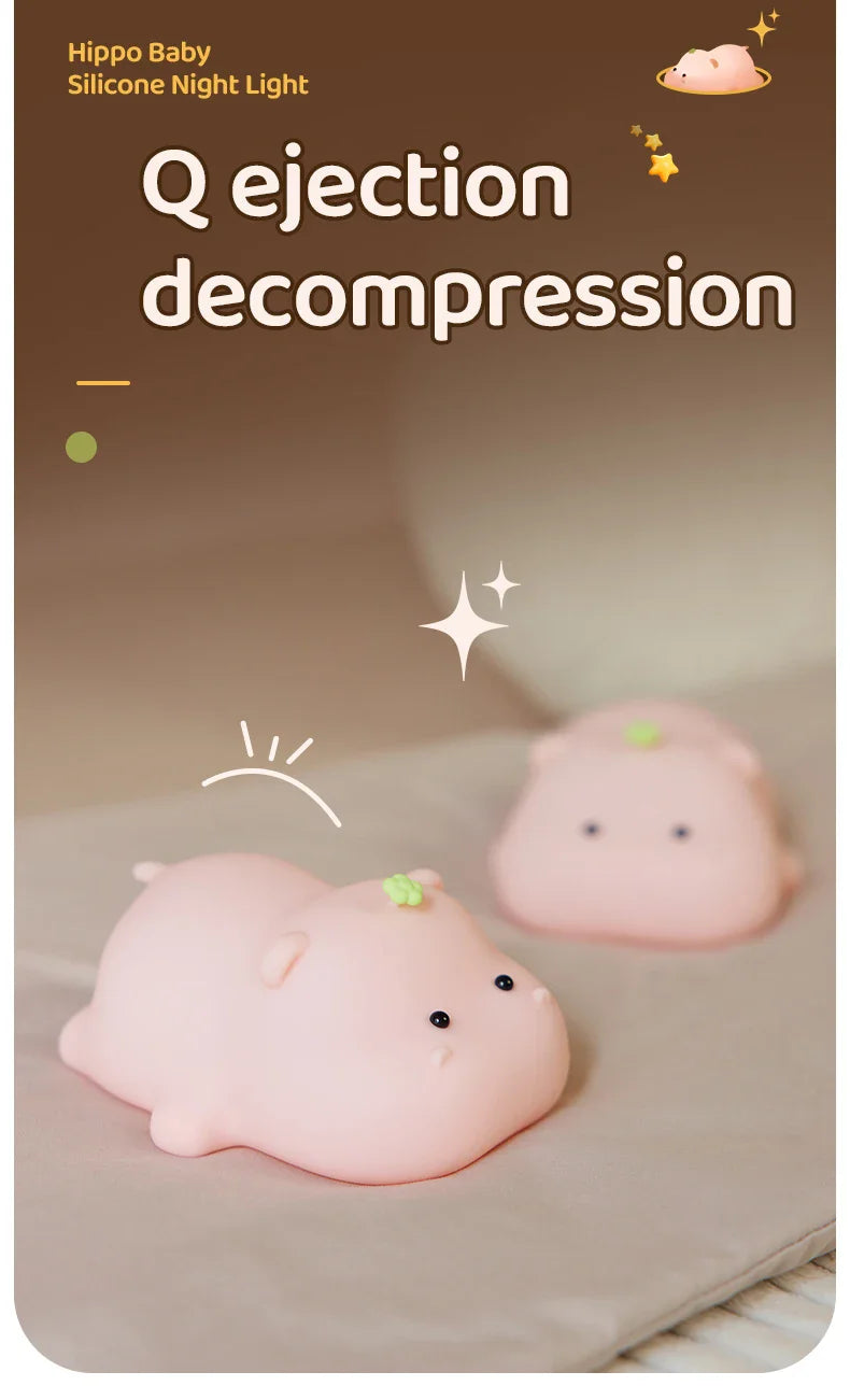 Cute Pink Hippo Night Light | Portable Silicone Kids Lamp