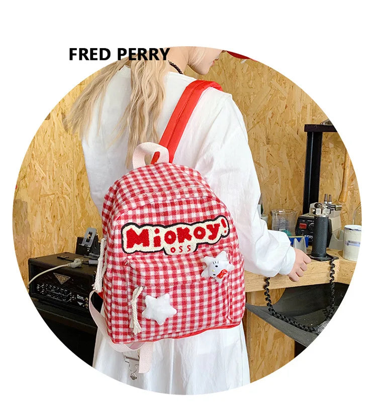 Stylish Girls Red Plaid Backpack | Large Capacity School Bag