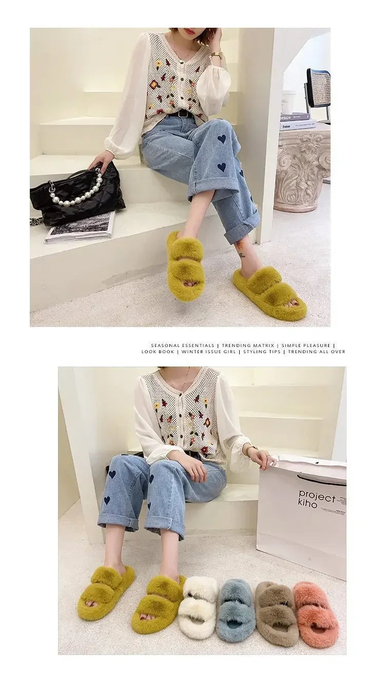 Cozy Double Fur Cross-Strap Plush Slippers | Warm Indoor Footwear