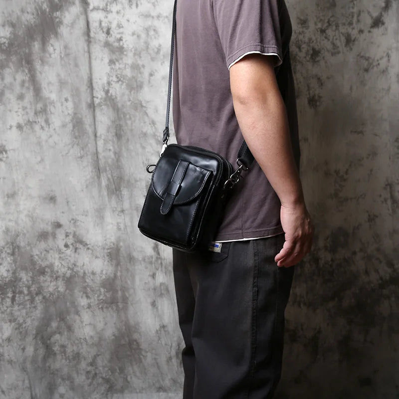 NZPJ Vintage Genuine Leather Men's Shoulder Bag Natural Cowhide Crossbody Bag Casual Small Backpack Suitable for 8-inch iPad