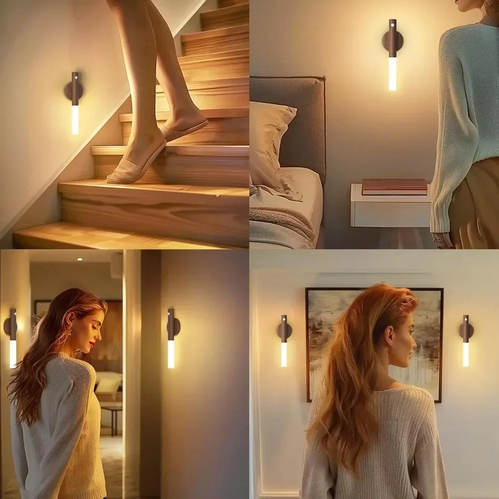 Luz nocturna LED recargable con sensor de movimiento | Elegante diseño de vetas de madera